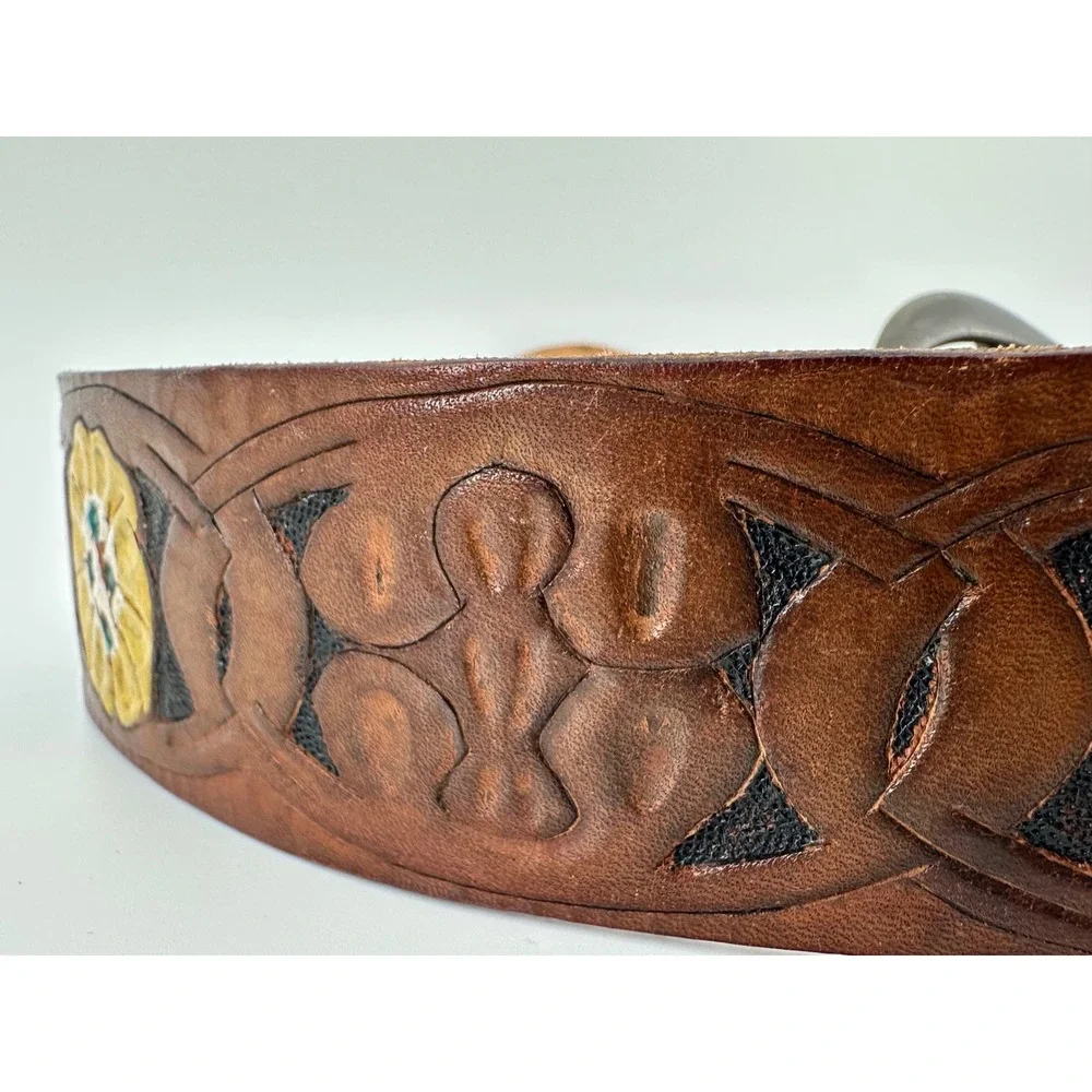 Vintage Hand Tooled Leather Belt David Name Personalized Western Floral Brown